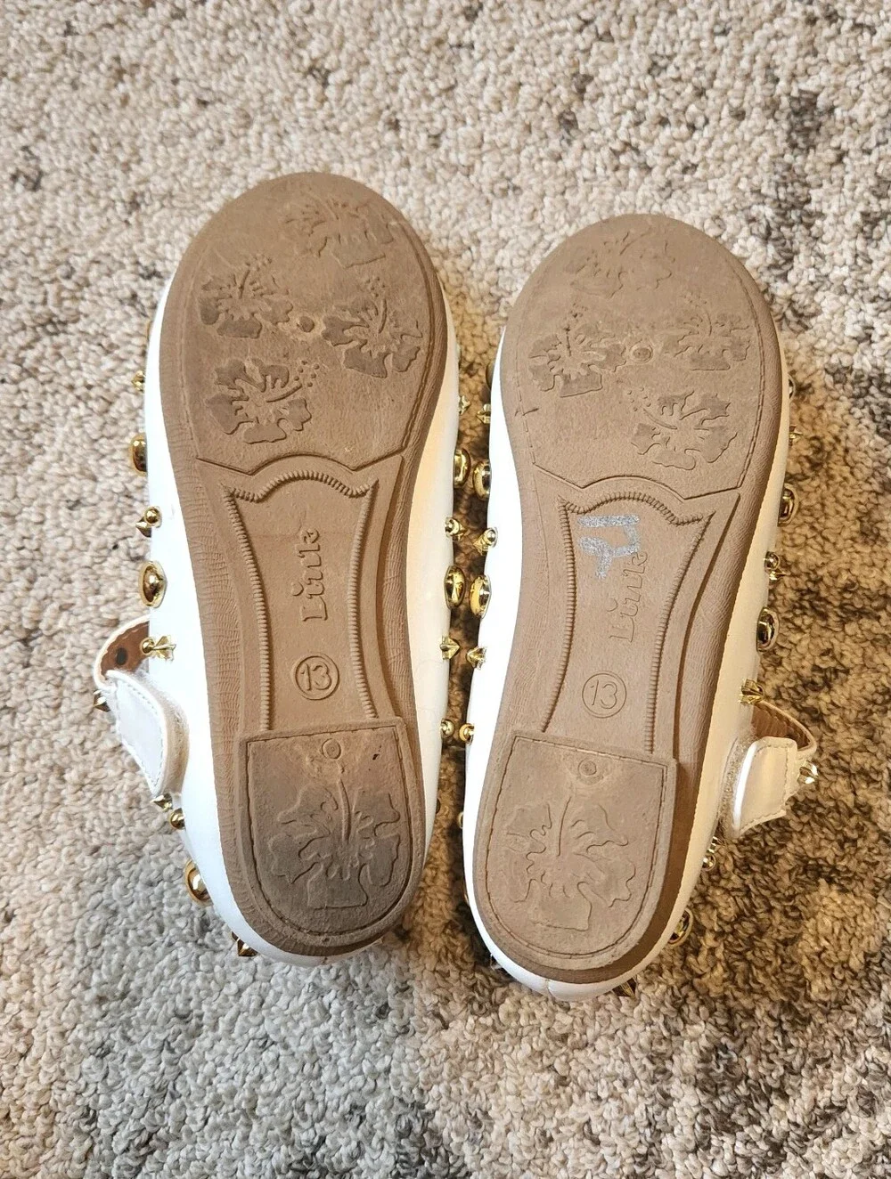 Girls White Mary Jane Shoes with Gold Heart & Star Studs